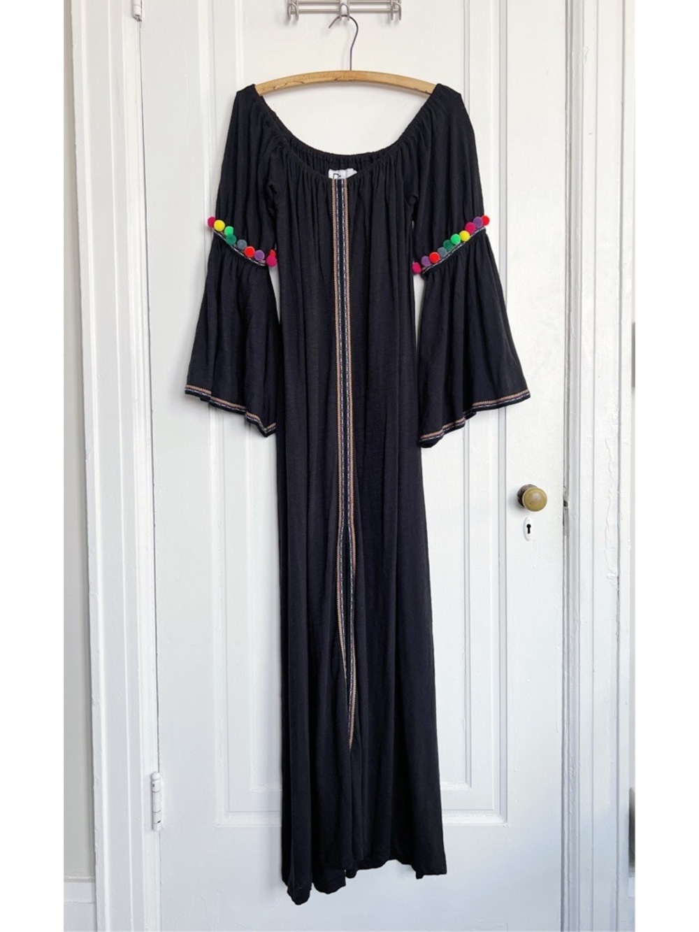 pitusa • Gypsy Dress black maxi kaftan cover up pom pom embroidered off shoulder - Picture 2 of 8